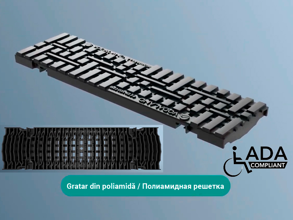 Rigolă Base DN100 H215 cu grătare din poliamidă cu fibră de sticlă (PA-GF) în grilă, standard ADA, clasa de sarcini C250 (1000x156x215)