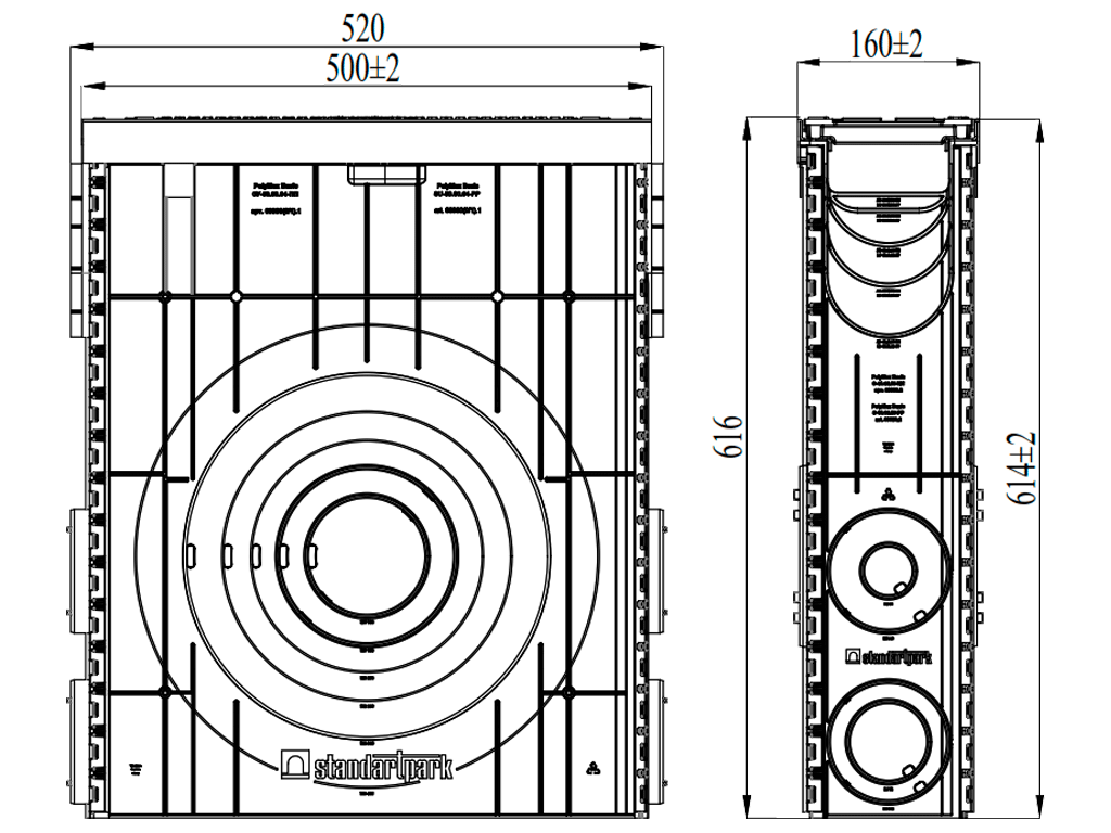 Пескоуловитель POLYMAX DRIVE DN100 H615 с решеткой чугунной D400 (500x160x615)