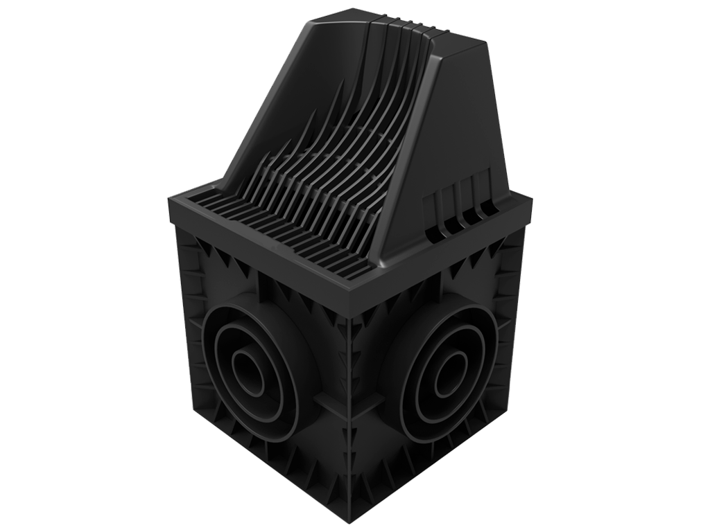 Комплект дождеприемник квадратный ливневой BASE 300x300мм, чёрный с решеткой-надставкой и перегородкой-сифон