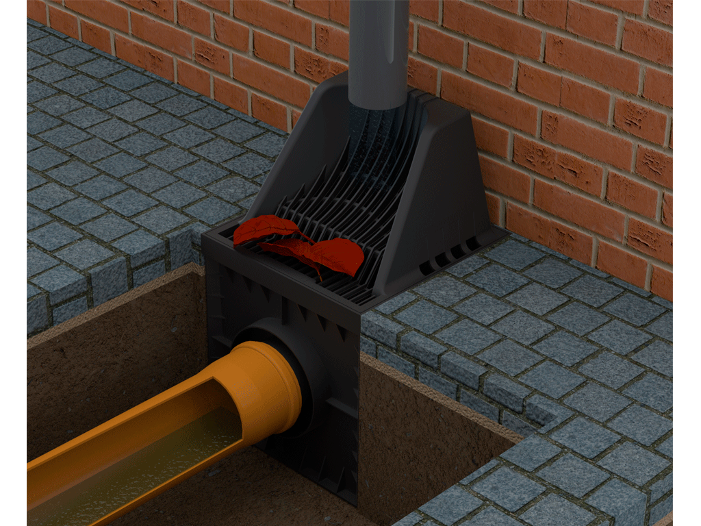 Комплект дождеприемник квадратный ливневой BASE 300x300мм, чёрный с решеткой-надставкой и перегородкой-сифон