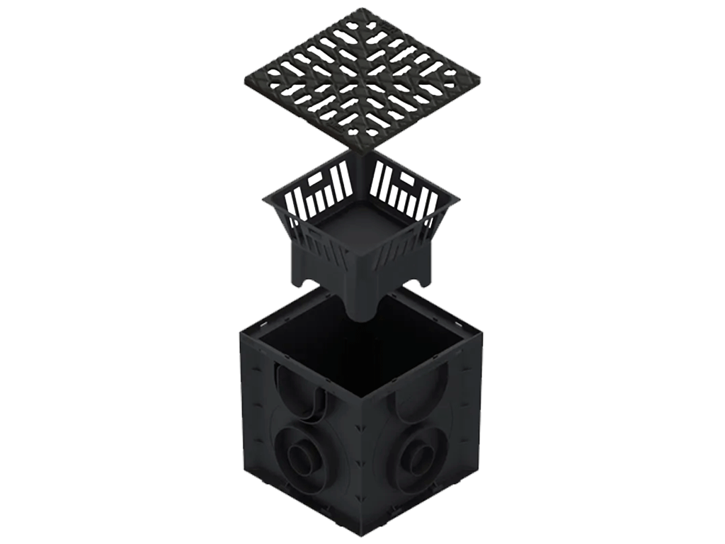 Дождеприемник Spark пластиковый квадратный с корзиной и чугунной решеткой (250x250x245)