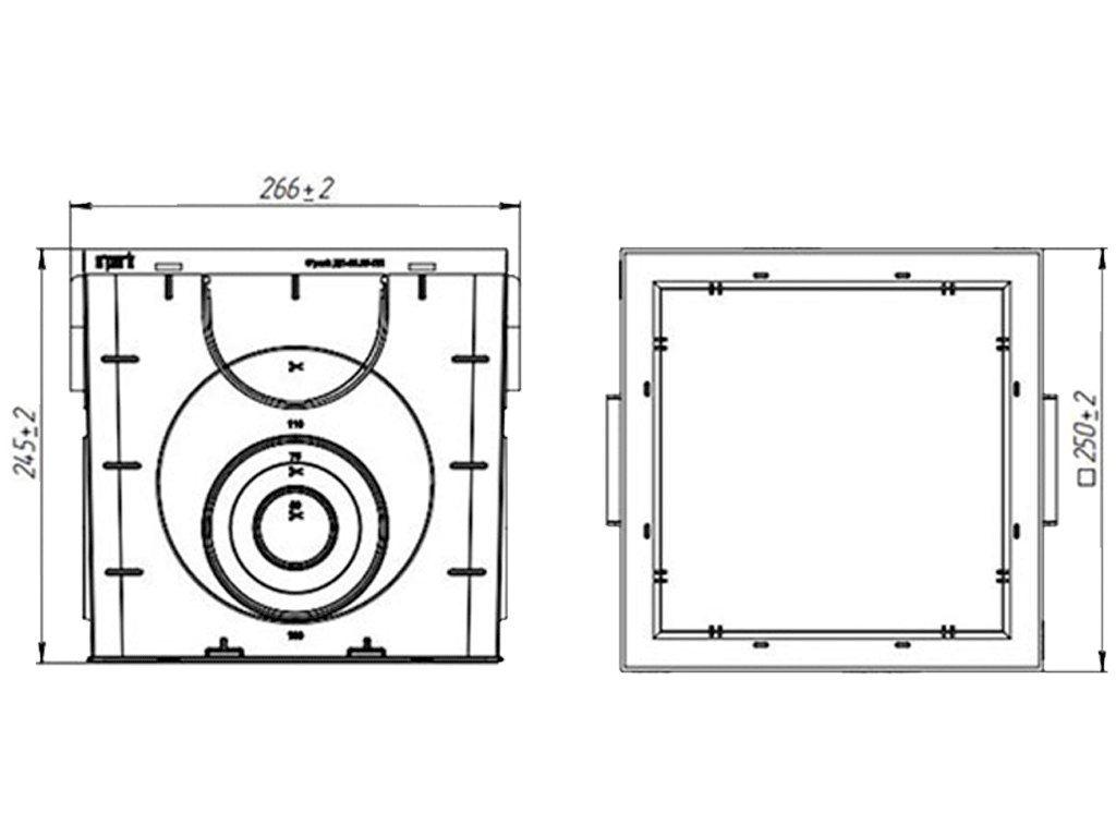 Дождеприемник Spark пластиковый квадратный с корзиной и чугунной решеткой (250x250x245)
