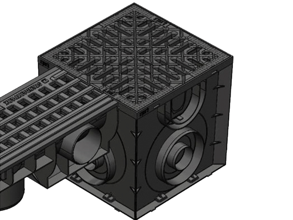 Дождеприемник Spark пластиковый квадратный с корзиной и чугунной решеткой (250x250x245)