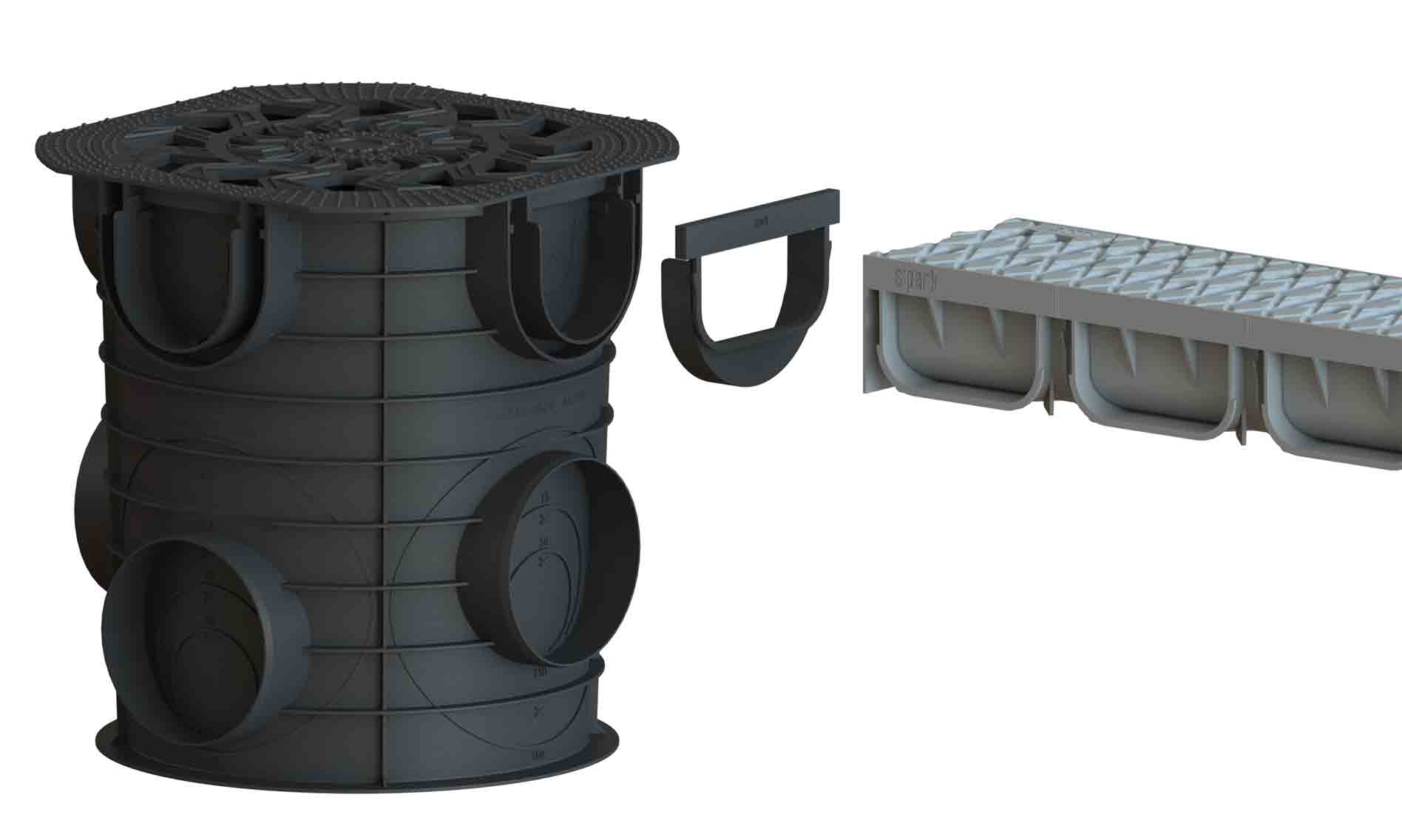 Rigola din plastic Easy2 DN100 H70, cu grătar în fante din plastic gri (1000x125x70mm) clasa de sarcini A15