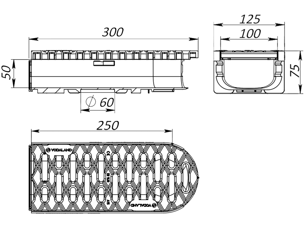 Лоток водоотводной Easy-2 DN100 H70 поворотный (начало) (250х130х70), с решеткой пластиковой А15 черного цвета