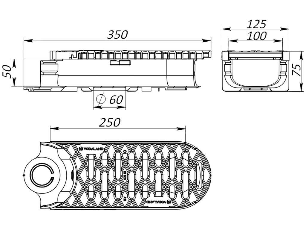 Лоток водоотводной Easy-2 DN100 H70 поворотный (центральный) (250x130x70) с решеткой пластиковой А15 черного цвета