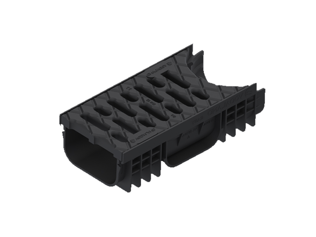 Лоток водоотводной Easy-2 DN100 H70 поворотный (конец) (250х130х70) с решеткой пластиковой А15 черного цвета