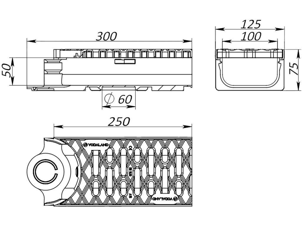 Лоток водоотводной Easy-2 DN100 H70 поворотный (конец) (250х130х70) с решеткой пластиковой А15 черного цвета