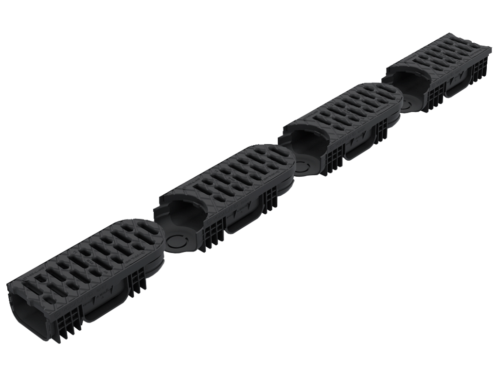 Лоток водоотводной Easy-2 DN100 H70 поворотный (конец) (250х130х70) с решеткой пластиковой А15 черного цвета