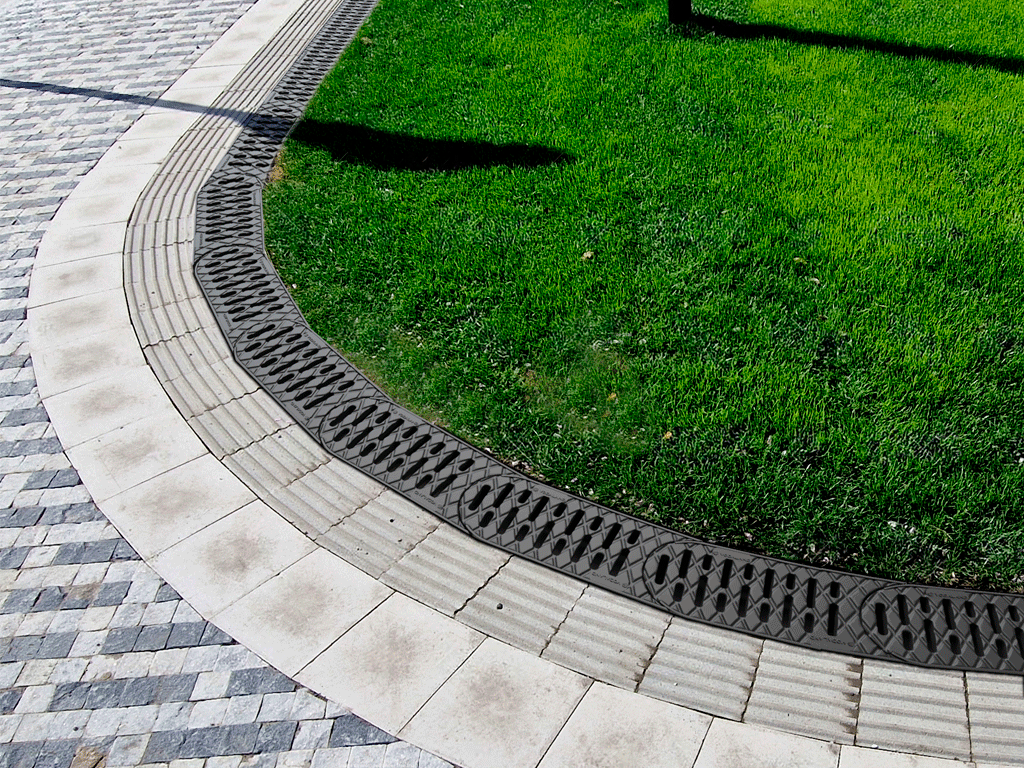 Лоток водоотводной Easy-2 DN100 H70 поворотный (конец) (250х130х70) с решеткой пластиковой А15 черного цвета