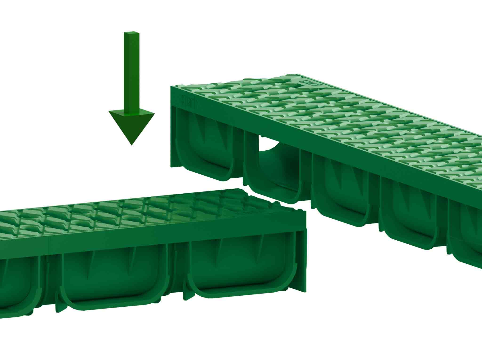 Лоток водоотводный Easy2 DN100 H70, с решеткой щелевой пластиковой зеленой (1000x125x70мм) класс нагрузки А15