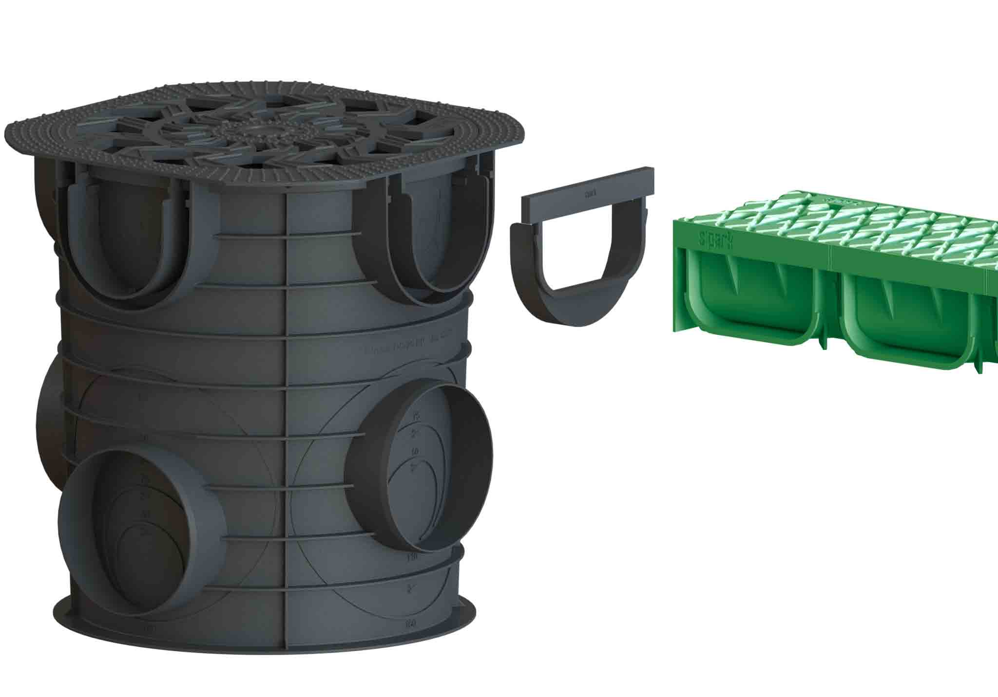 Лоток водоотводный Easy2 DN100 H70, с решеткой щелевой пластиковой зеленой (1000x125x70мм) класс нагрузки А15