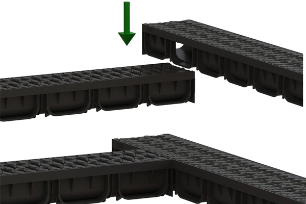 Лоток водоотводный Easy2 DN100 H70, с решеткой щелевой пластиковой черной (1000x125x70мм) класс нагрузки А15
