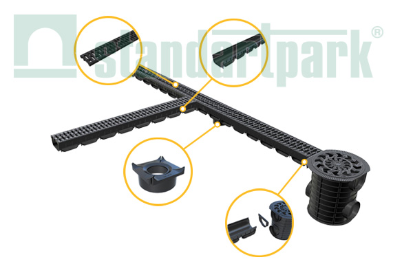 Лоток водоотводный Easy2 DN100 H70, с решеткой щелевой пластиковой черной (1000x125x70мм) класс нагрузки А15