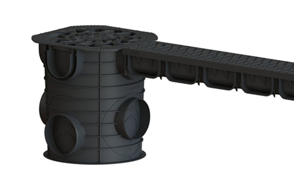 Лоток водоотводный Easy2 DN100 H70, с решеткой щелевой пластиковой черной (1000x125x70мм) класс нагрузки А15