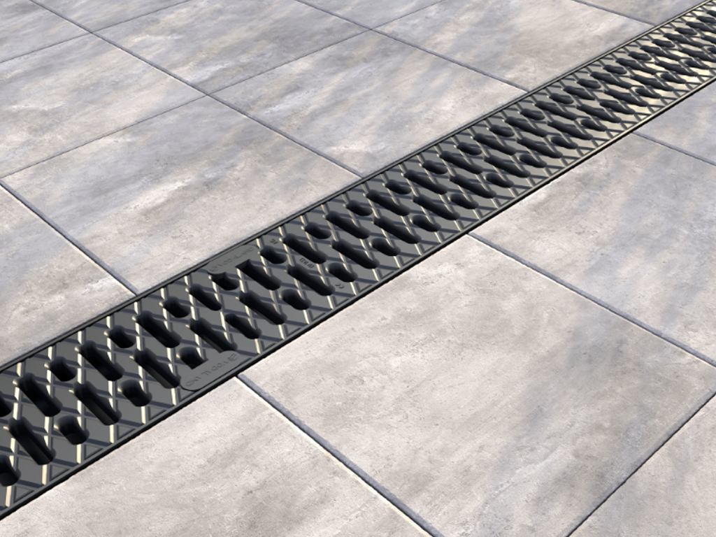 Rigola din plastic Easy Low DN100 H40 cu grătar în fante din plastic negru (1000x125x40mm) clasa de sarcini A15