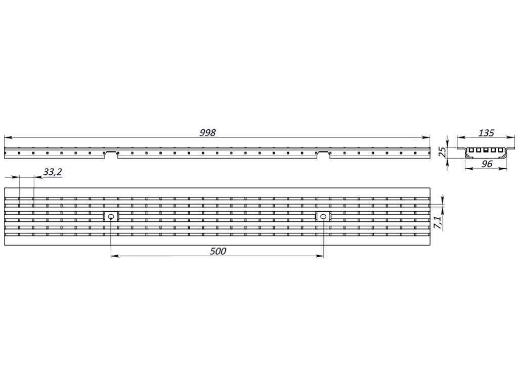 Gratar pluvial din otel zincat Base DN100, in grila, standard ADA, clasa de sarcini B125 (1000x135x21mm)