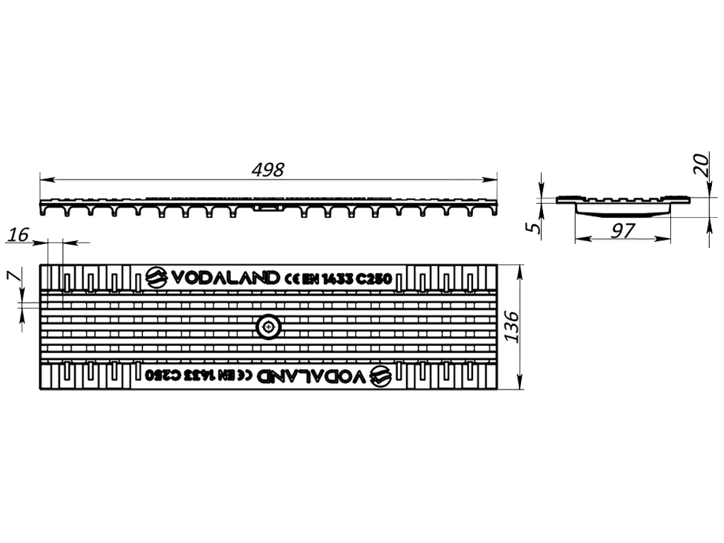 Gratar pluvial din fontă ductilă Base DN100, in grila, (500x136x15), clasa de sarcini C250
