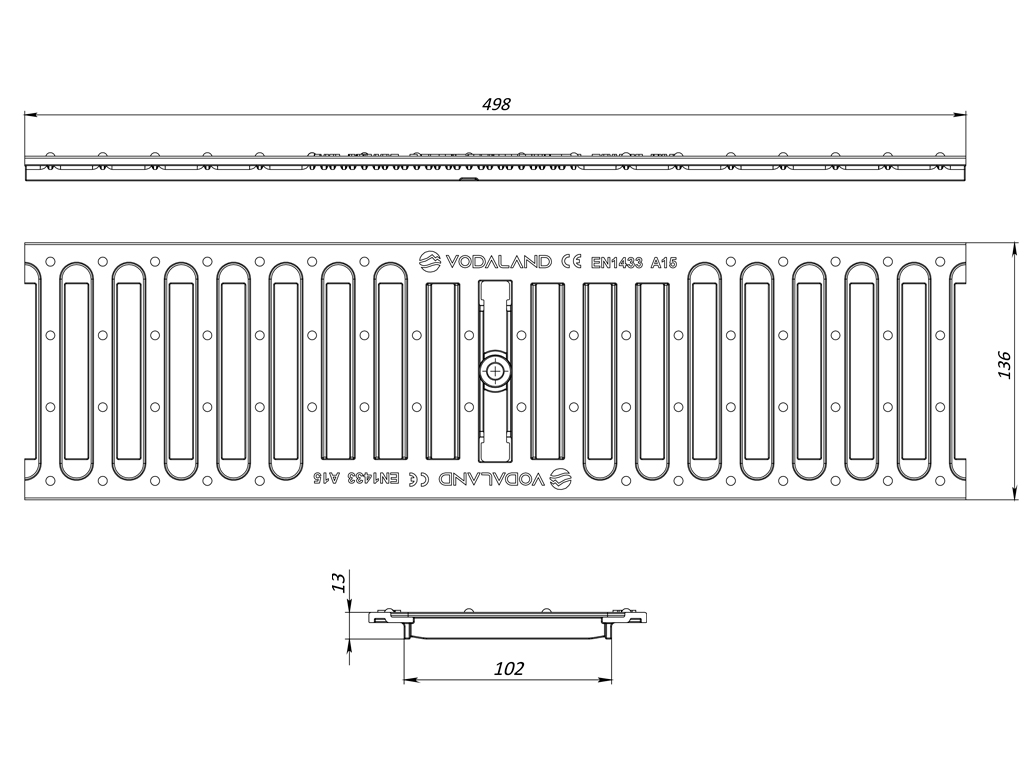 Grătar pluvial din plastic în fante Base DN100 A15 (498x136x13)