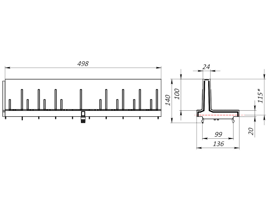 Gratar pluvial tip-L în fanta longitudinală din polipropilenă (PP), L=500mm, H=100mm, destinat pentru rigole DN100