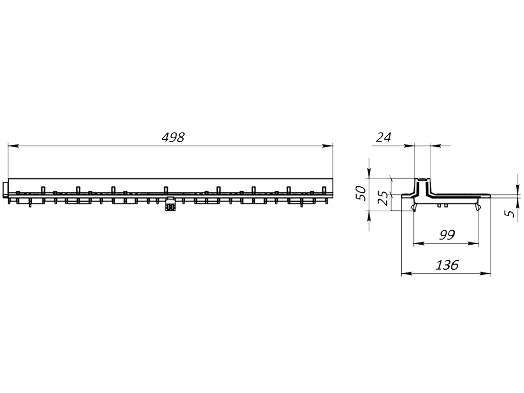 Gratar pluvial tip-L în fanta longitudinală din polipropilenă (PP), L=500mm, H=25mm, destinat pentru rigole DN100