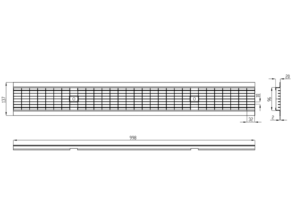 Решетка водоприемная стальная из INOX Basic DN100 (1000x137x20) класс B125