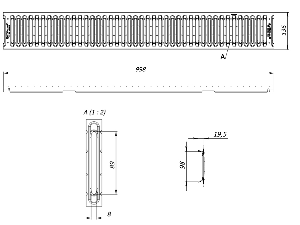 Grătar pluvial din inox în fante Base DN100 A15 (998x136x19,5) fără găuri pentru sistem de prindere