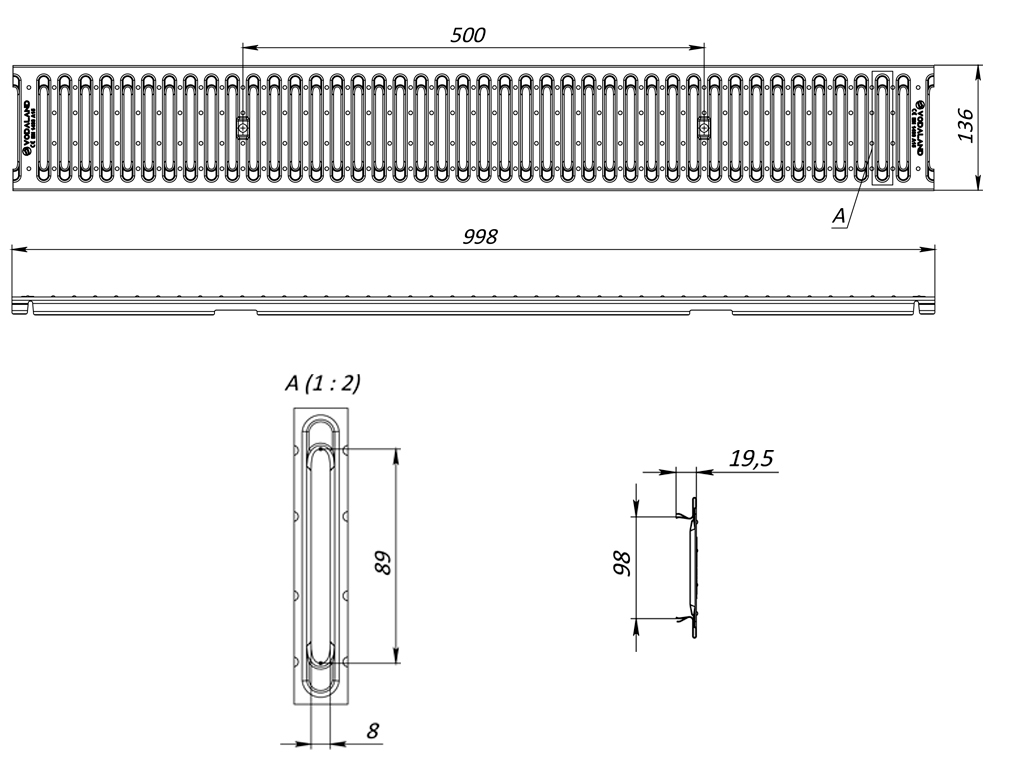 Grătar pluvial din inox în fante Base DN100 A15 (998x136x19,5)