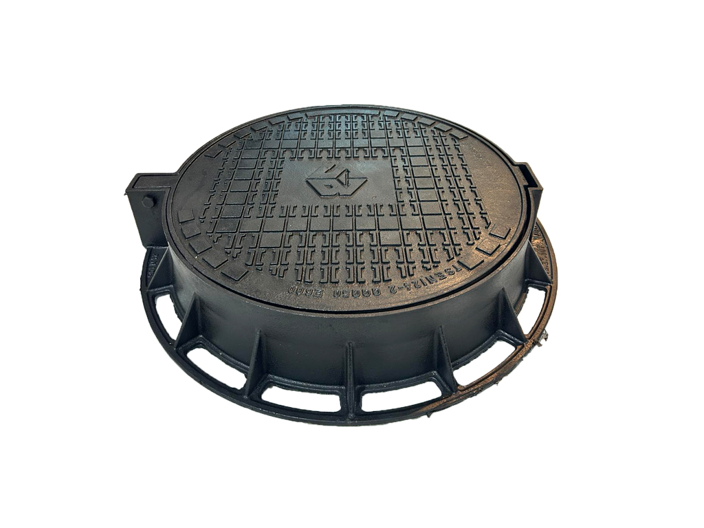 Capac din fontă ductilă, rotund cu ramă Dext=810mm, Pas Liber=600mm H=140mm (810x600xH140mm) cu închizător dublu tip click clasa E600