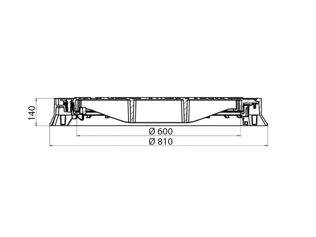 Capac din fontă ductilă, rotund cu ramă Dext=810mm, Pas Liber=600mm H=140mm (810x600xH140mm) cu închizător dublu tip click clasa E600