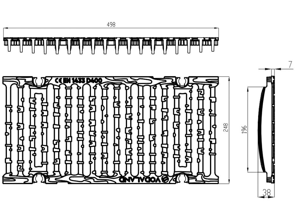 Gratar din fonta ductila Base DN200 (498x248x38) cu fante structurate, clasa de sarcini C250