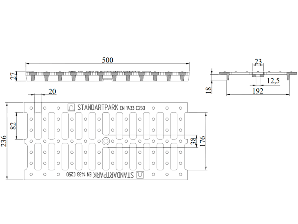 Решетка водоприемная чугунная Basic DN200 C250 (500x236x27)