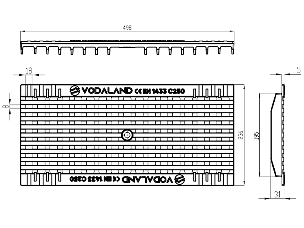 Решетка водоприемная DN200 Base (498x236x31) чугунная, класс C250