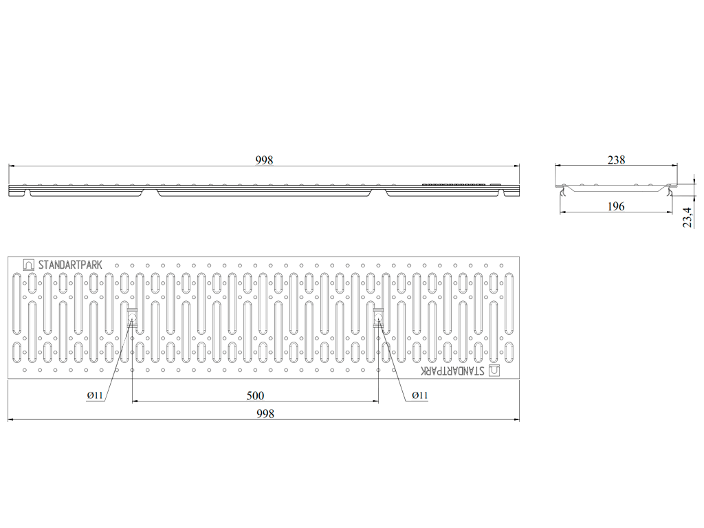 Gratar pluvial din otel inoxidabil Basic DN200 A15 (1000x238x23)