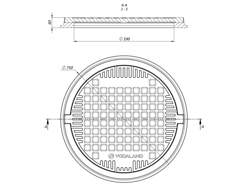 Люк круглый черный полимерпесчаный диаметр рамы D=750мм, свободный проход=590мм, высота H=60мм для пешеходных зон
