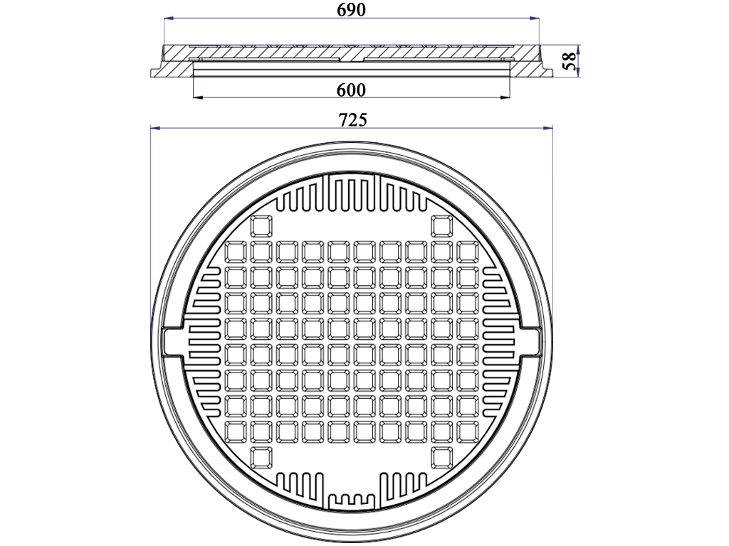 Capac negru rotund, compozit, cu diametrul rama Dext=725mm, pas liber=600mm, H=58mm, clasa de sarcini pina la 1tona 