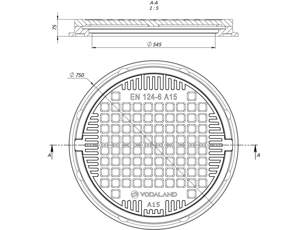 Люк круглый черный полимерпесчаный D=750мм проход=545мм H=75мм, класс нагрузки A15 для пешеходных зон
