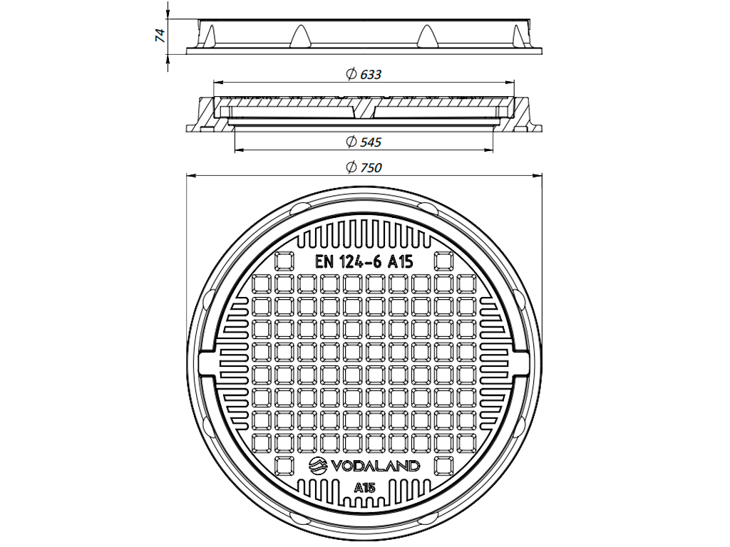 Capac negru rotund, compozit, cu dimetrul rama Dext=750mm, pas liber=545mm, H=74mm, clasa de sarcini A15 pentru zone pietonale