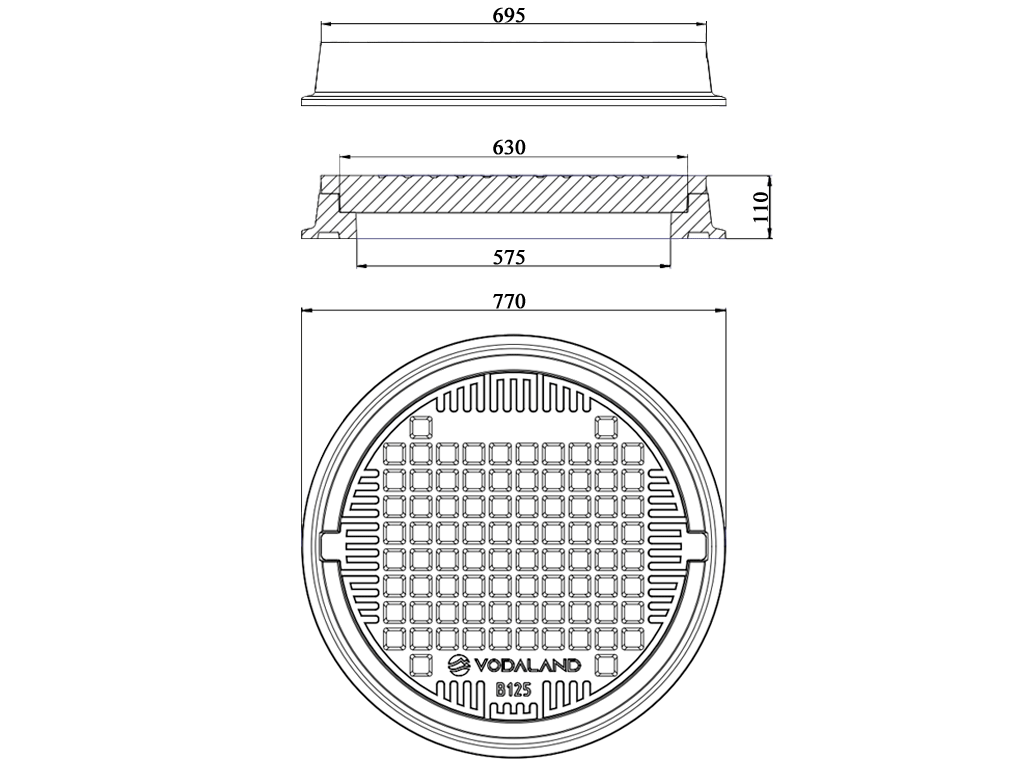 Capac negru rotund, compozit, cu dimetrul rama Dext=770mm, pas liber=575mm, H=110mm, clasa de sarcini B125 