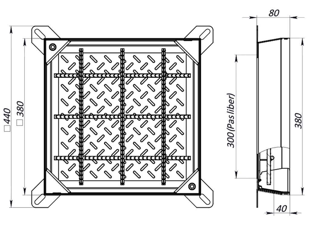 Capac din otel zincat URBAN COVER PRO UNIFILL patrat 380x380 PL.300x300 Hext.80 Hin.40 cu inchizator, clasa de sarcini B125