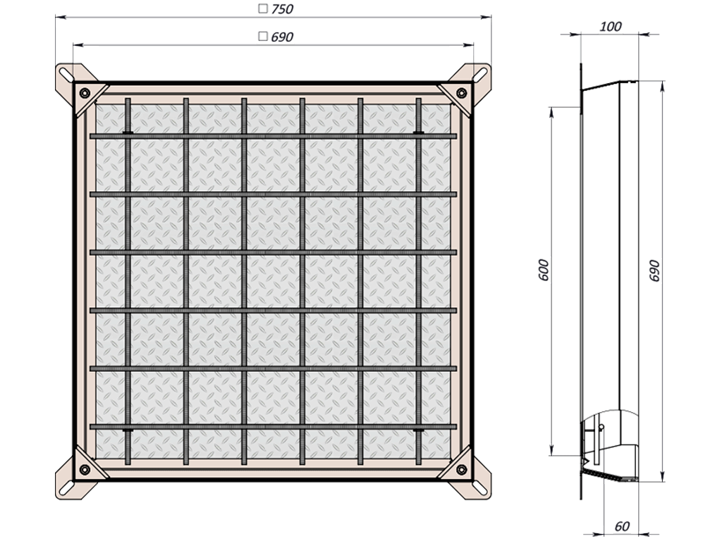 Capac din otel zincat URBAN COVER PRO UNIFILL patrat 690x690 PL.600x600 Hext.100 Hin.60 cu inchizator, clasa de sarcini B125