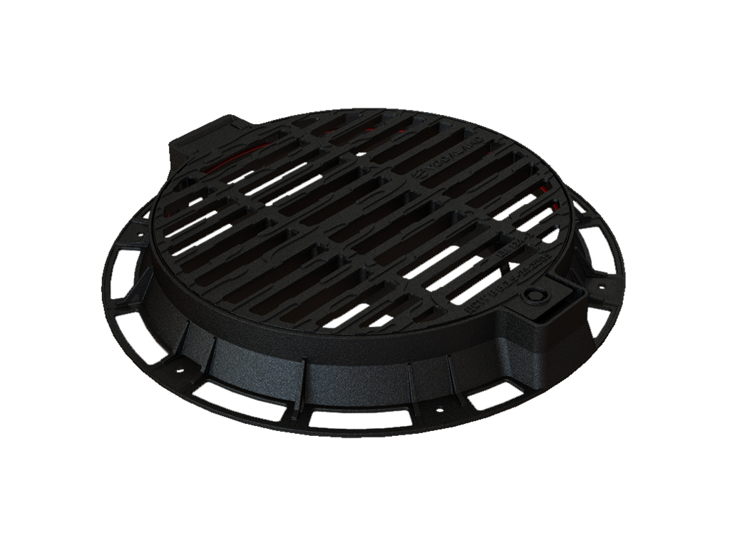 Capac pluvial din fontă ductilă rotund, VODALAND DESIGN, Dext=800mm, PasLiber=600mm, Hext=100mm, cu inchizator clasa de sarcini D400