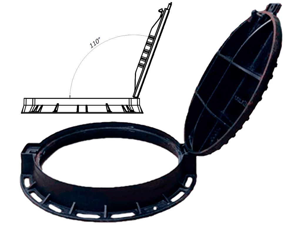 Capac pluvial din fontă ductilă rotund, VODALAND DESIGN, Dext=800mm, PasLiber=600mm, Hext=100mm, cu inchizator clasa de sarcini D400