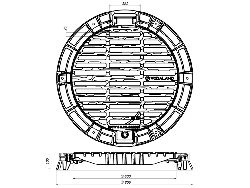Capac pluvial din fontă ductilă rotund, VODALAND DESIGN, Dext=800mm, PasLiber=600mm, Hext=100mm, cu inchizator clasa de sarcini D400