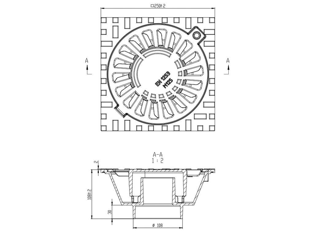 Sifon (trap) fontă cu ieșire verticală D110 mm, clasa de sarcini M125 (250x250x108)