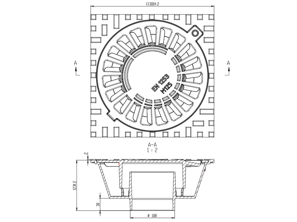 Sifon (trap) fontă cu ieșire verticală D110 mm, clasa de sarcini M125 (300x300x123)