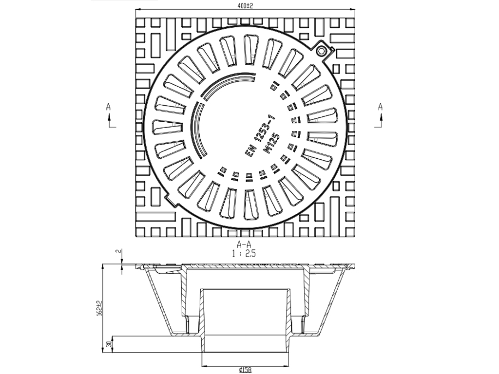 Трап чугунный с вертикальным выпуском D160 мм, класс нагрузки M125 (400x400x162)