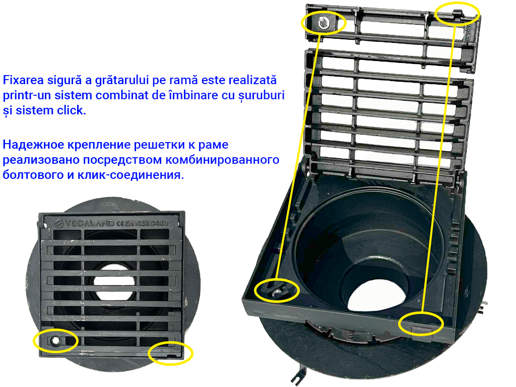 Gură de scurgere din fontă ductilă BRIDGE 400X400, Hreglabil 270-360 mm, cu ieșire verticală DN160 cu grătar în fante clasa de sarcini D400