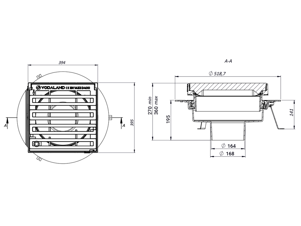 Gură de scurgere din fontă ductilă BRIDGE 400X400, Hreglabil 270-360 mm, cu ieșire verticală DN160 cu grătar în fante clasa de sarcini D400