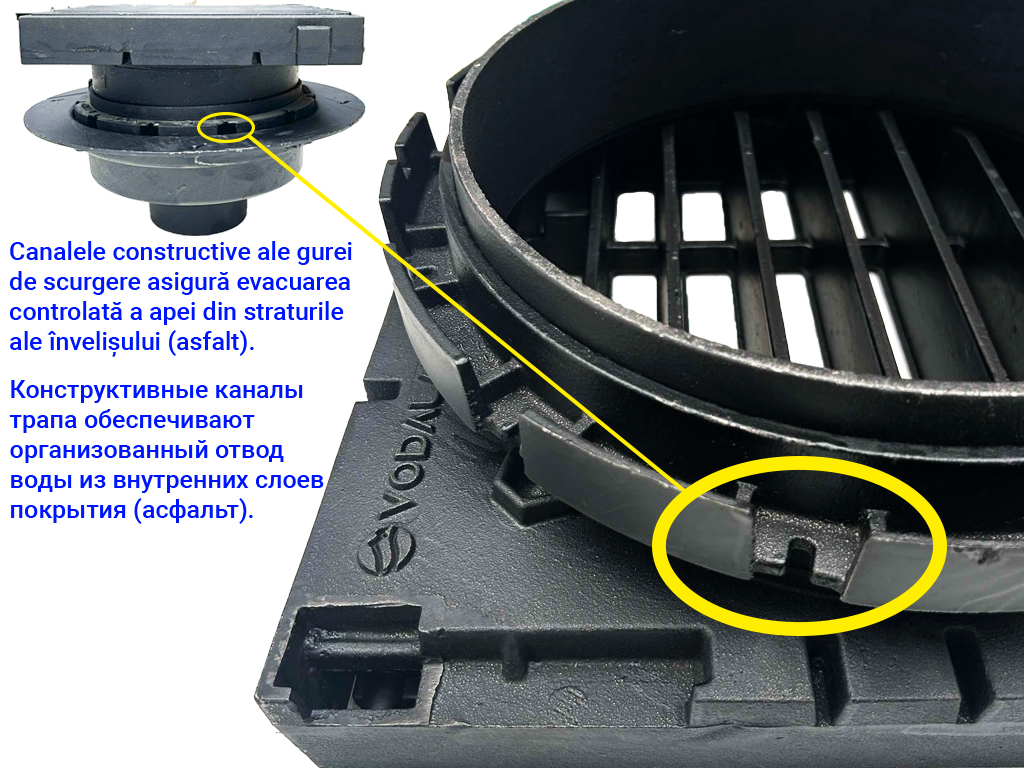 Gură de scurgere din fontă ductilă BRIDGE 400X400, Hreglabil 270-360 mm, cu ieșire verticală DN160 cu grătar în fante clasa de sarcini D400